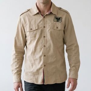 Avirex Khaki Military Style Button-Up Shirt with Green/Red Trim: Large